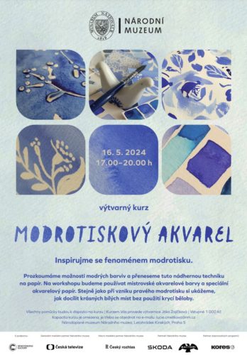 Plakát k workshopu Modrotiskový akvarel v Národním muzeu Praha. Mgr. Jitka Zajíčková